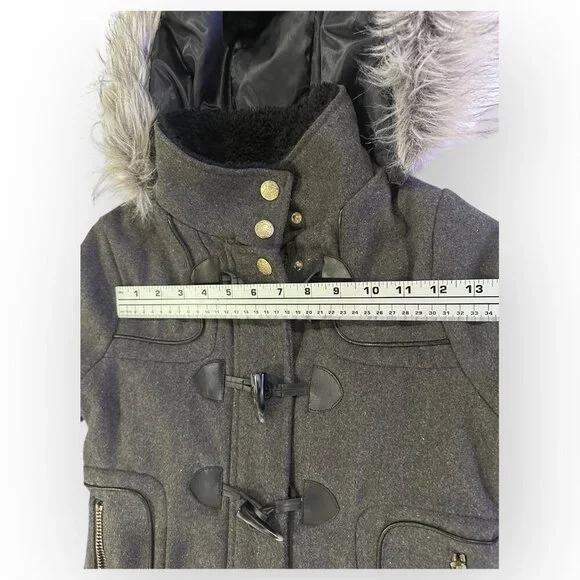 London Fog Jacket Faux Fur Hood Gray Coat Alpine Swiss Parka Size Girls Large 14 - Picture 15 of 16